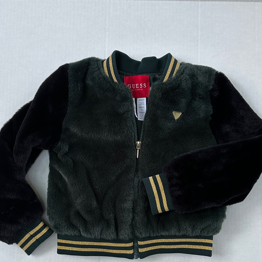 Guess Kids Green and Black Faux Fur Puffer Jacket with Gold Trim